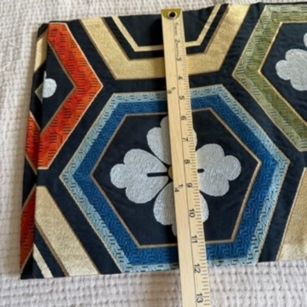Vintage Japanese Fukuro Obi Kikko Hanabishi Black Gold‎ Brocade Kimono Silk Belt - Picture 5 of 9